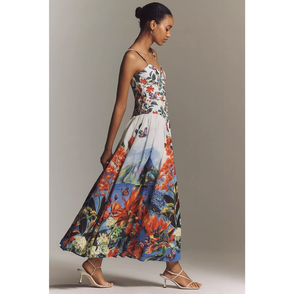 nwt by ANTHROPOLOGIE sz L The Muse Basque-Waist Garden Midi Dress - Picture 2 of 4